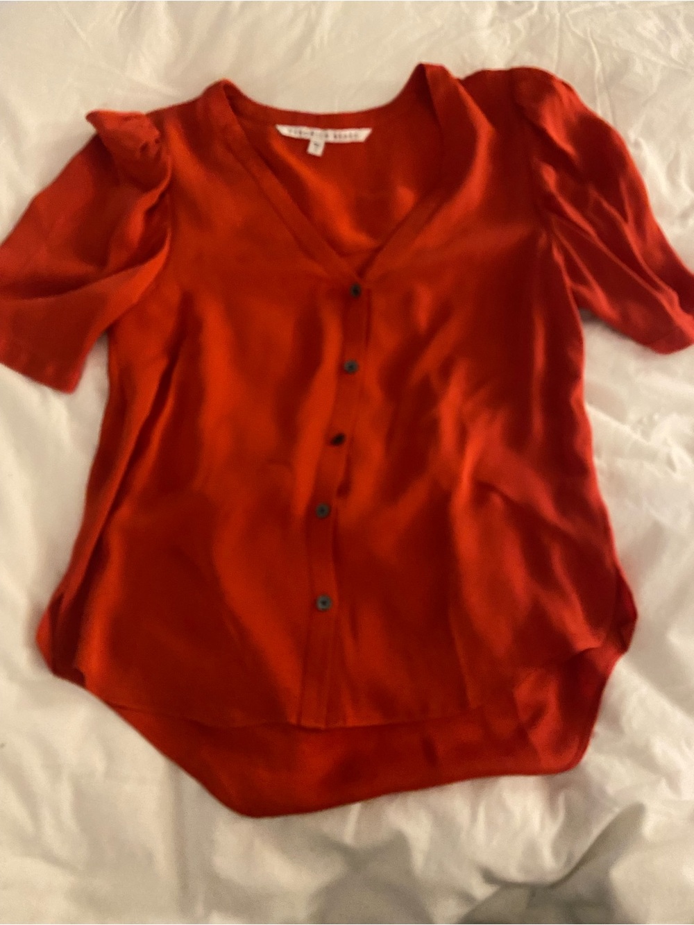 Veronica Beard Red V-Neck Silk Button-Down Top